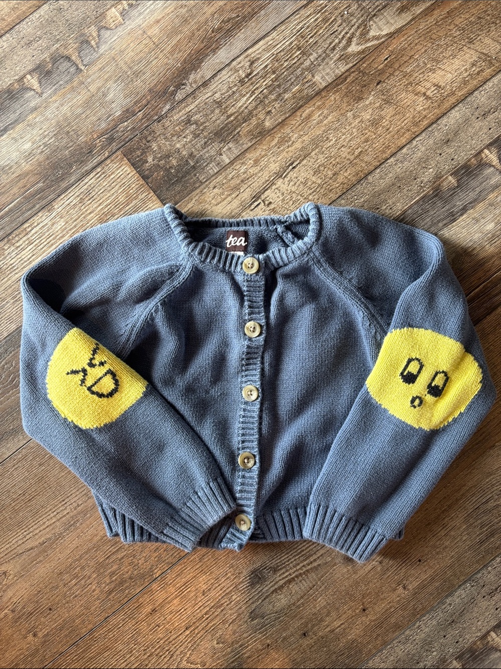 Tea Collection Pale Blue Cardigan with Yellow Emoji Elbow Patches